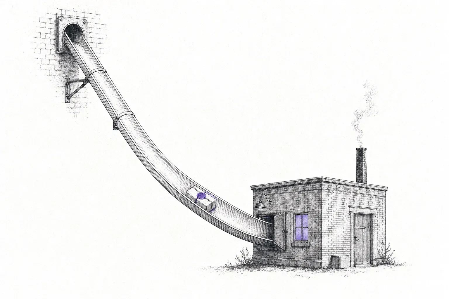A sealed parcel with a violet wax seal sliding down a long curved chute into the open hatch of a small brick workshop with a lit window.