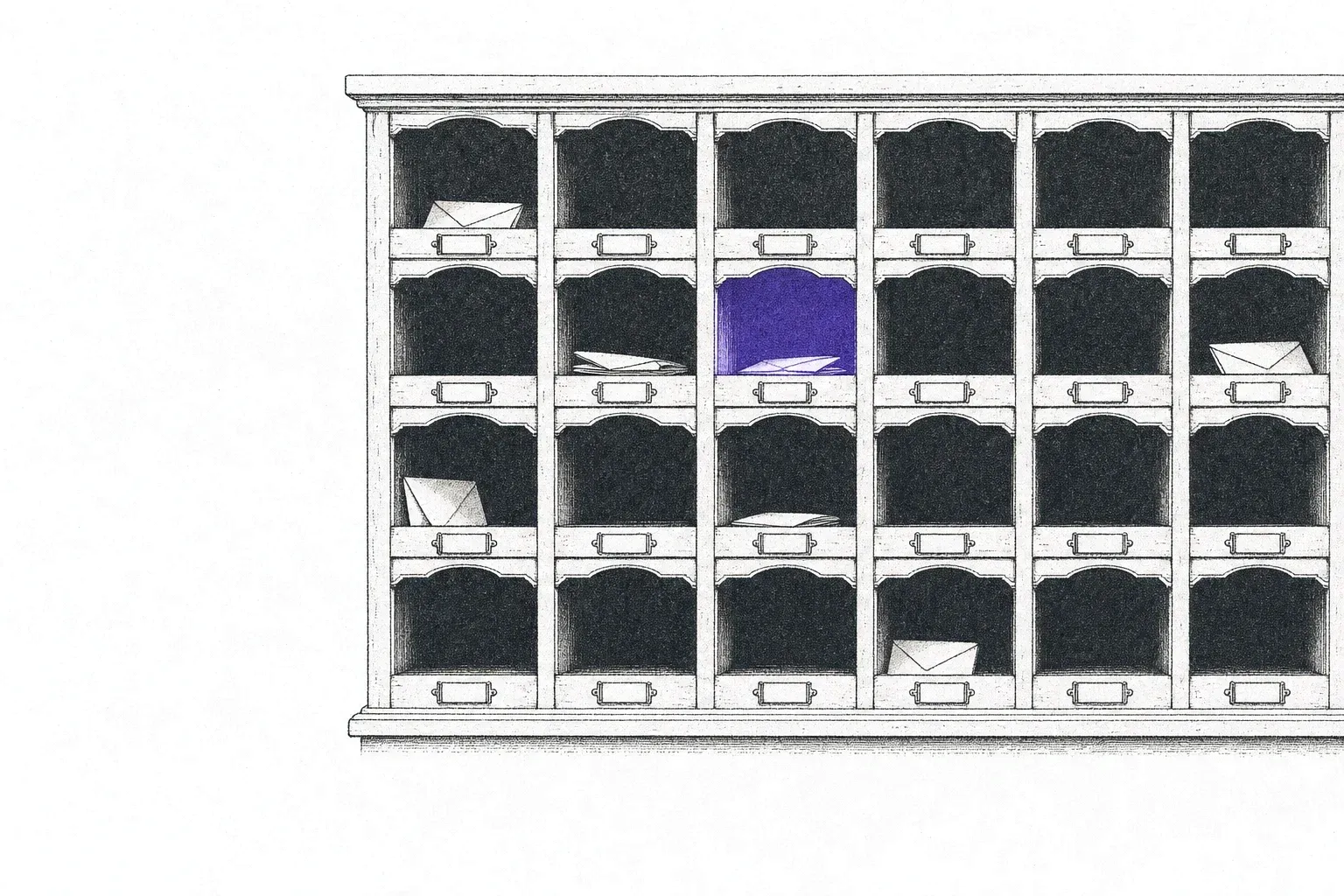 A wall of wooden hotel pigeonholes with blank name tags, a few holding letters, and one slot lit violet.