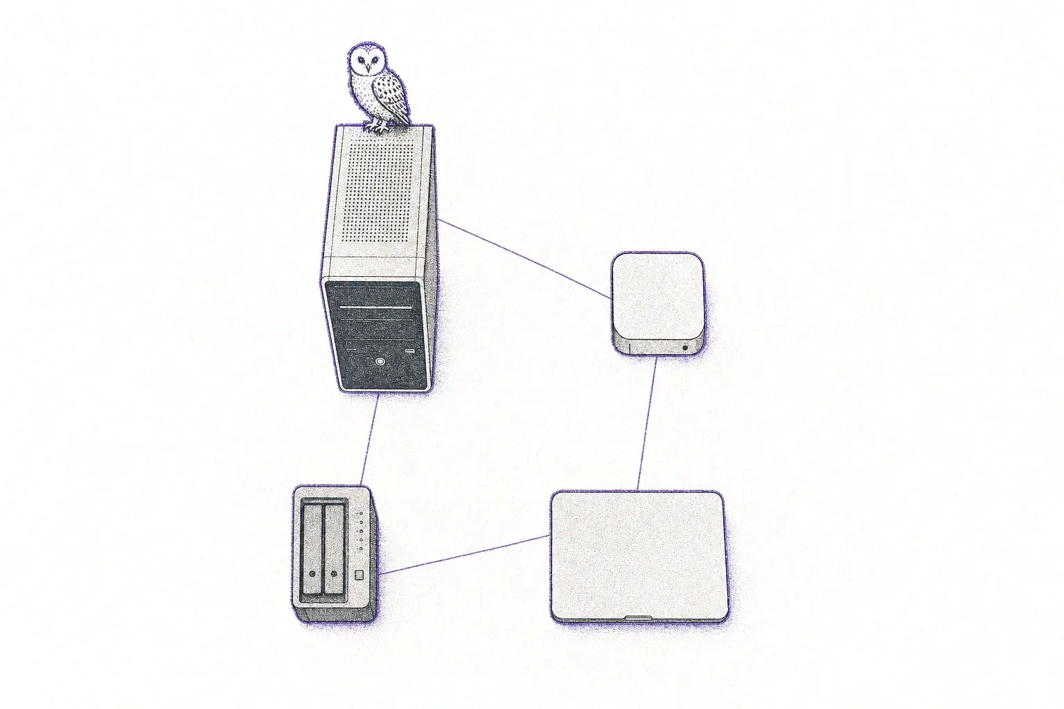 A desktop tower with an owl perched on top, a small square server, a two-bay NAS and a closed laptop, joined by thin violet lines like a star chart.