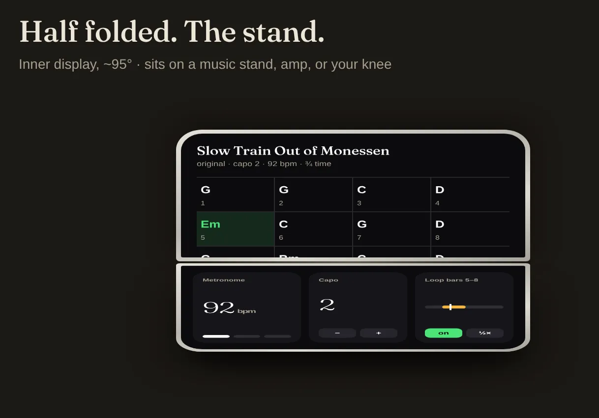 Concept mockup of the half-folded pose: the top half shows a chord chart for an original song with the current bar highlighted in green, and the bottom half shows metronome, capo and looper controls.