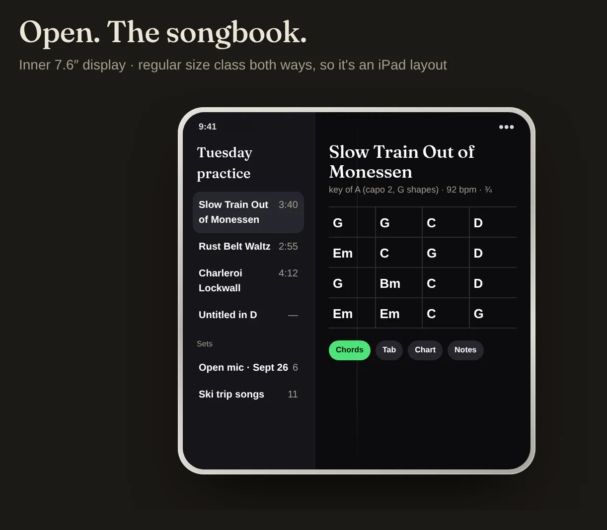 Concept mockup of the fully open pose: a setlist sidebar on the left and a chord chart on the right.