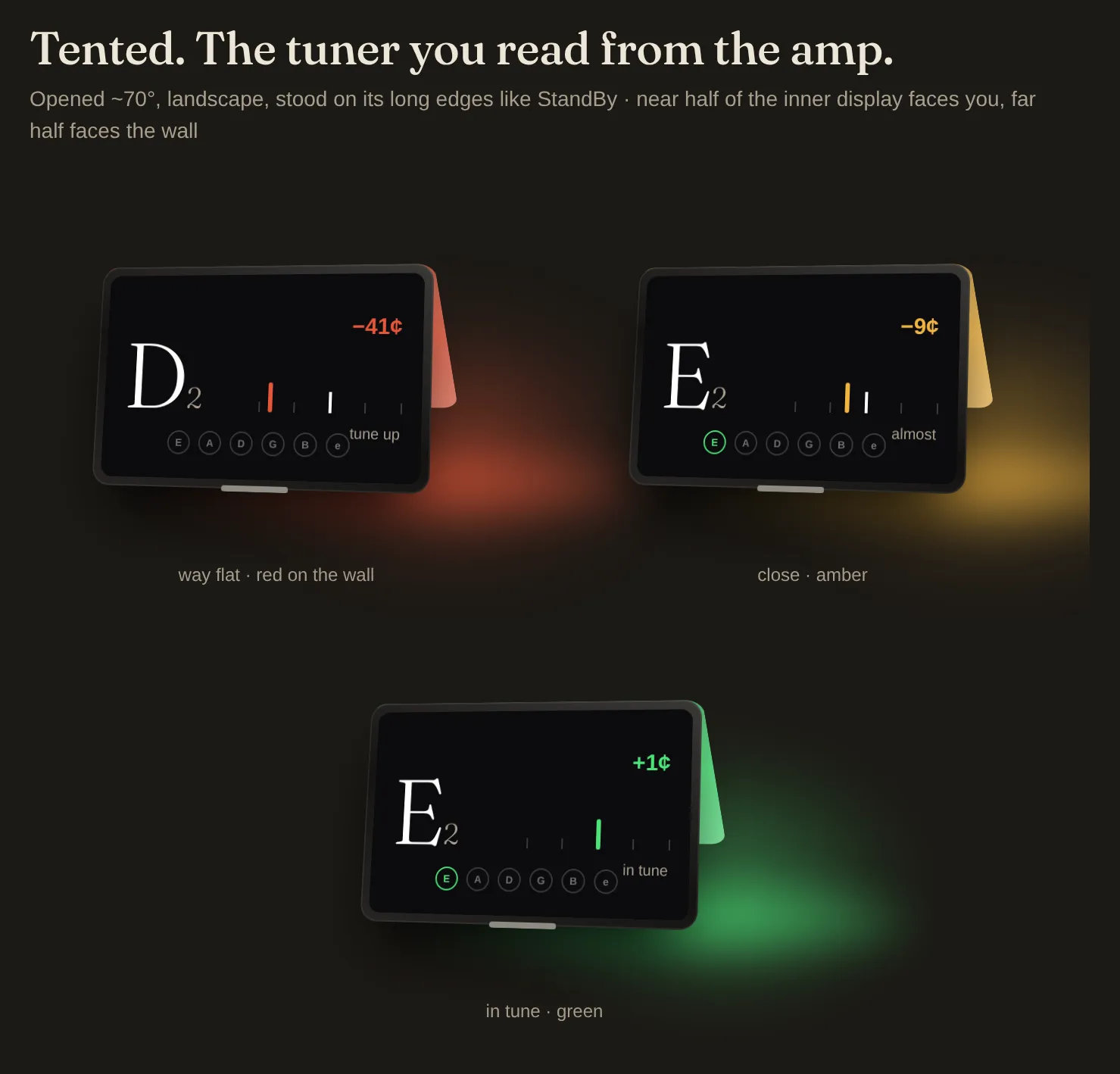Three concept mockups of the tented tuner. Each shows a phone folded into a tent, a landscape tuner on the half facing the viewer reading D, E and E, and the far half throwing red, amber or green light onto the wall and table behind it.