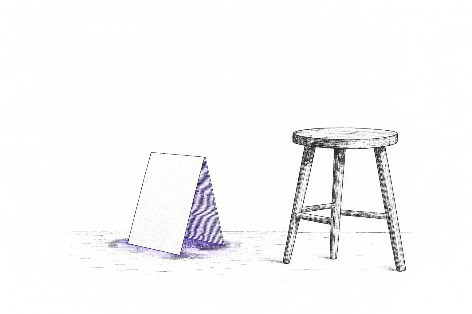 A card folded into a tent on a bare table, violet hatching inside it pooling onto the table underneath, with an empty wooden stool beside it.