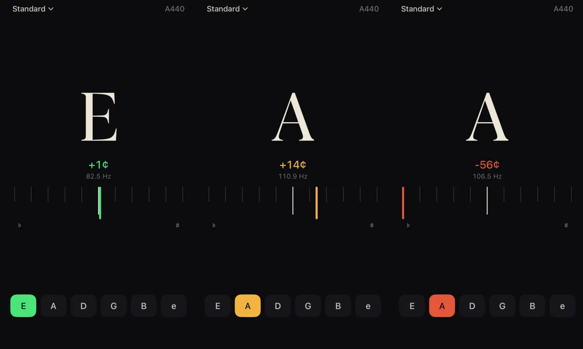 Three screenshots of the Lantern tuner side by side. Left: the low E string at plus 1 cent, needle and string button green. Middle: the A string at plus 14 cents, amber. Right: the A string at minus 56 cents, red.