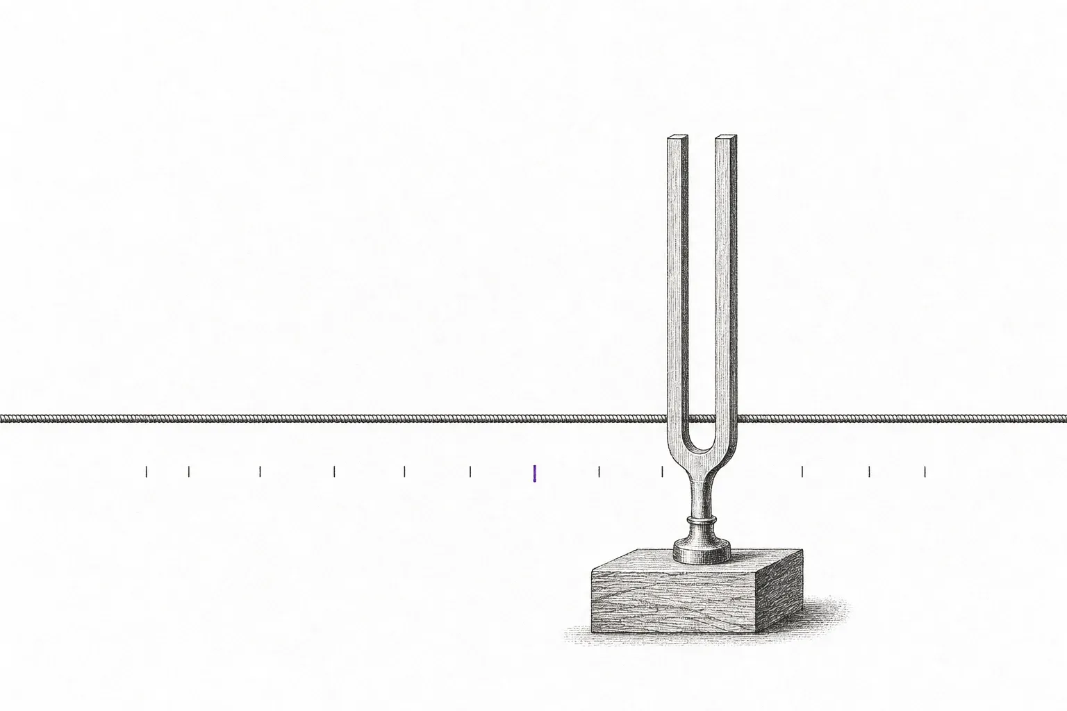 A tuning fork standing on a small wooden block, with a guitar string running across the page and a row of fine tick marks below, the centre one in violet.