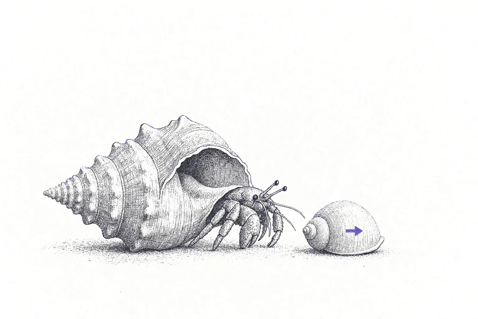 A hermit crab stepping out of a large spiky conch shell toward a smaller, plainer shell marked with a violet arrow.