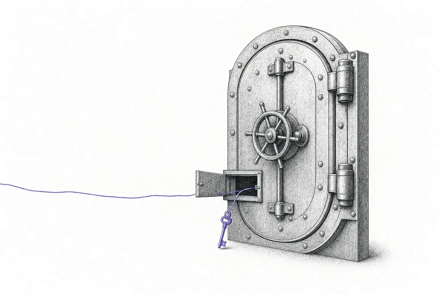 A riveted vault door with a small hatch open near its base, and a violet key on a long thread passed in from outside.