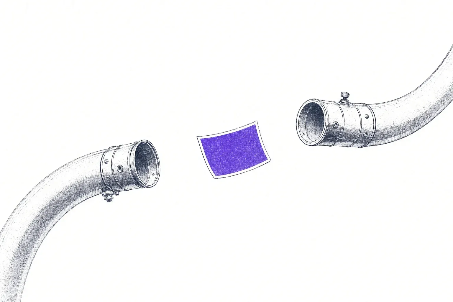 A blank violet photograph in mid-air between the open ends of two curving pneumatic message tubes.
