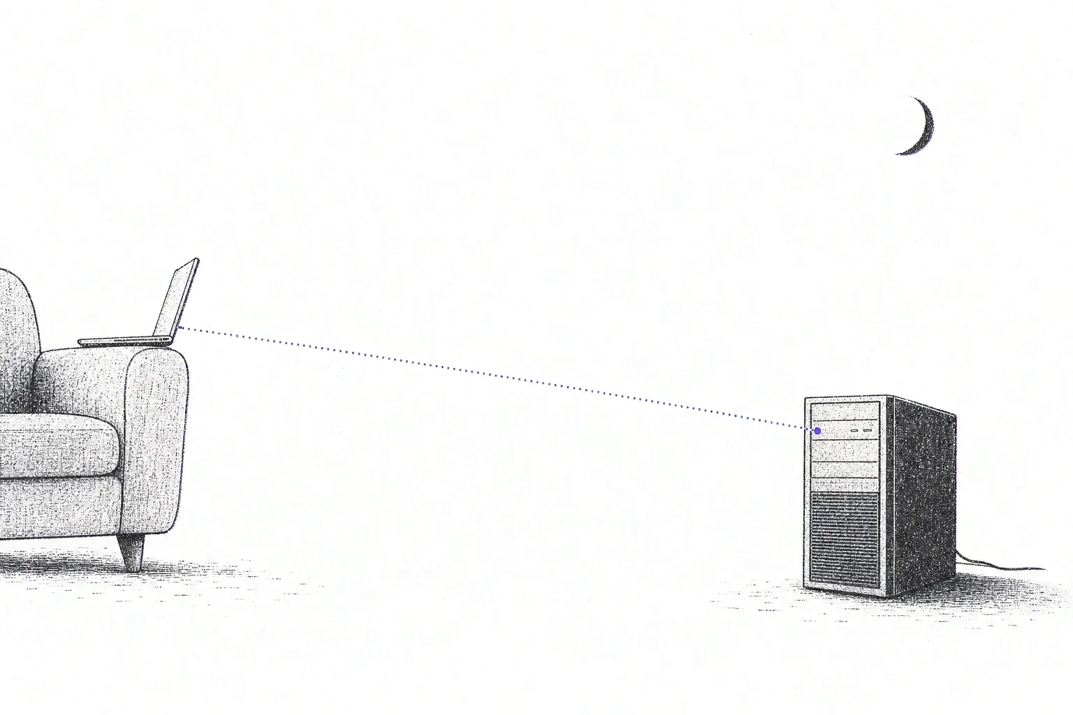 A laptop on the arm of a sofa sends a dotted violet line across an empty room to a sleeping desktop tower under a crescent moon, lighting its power indicator.
